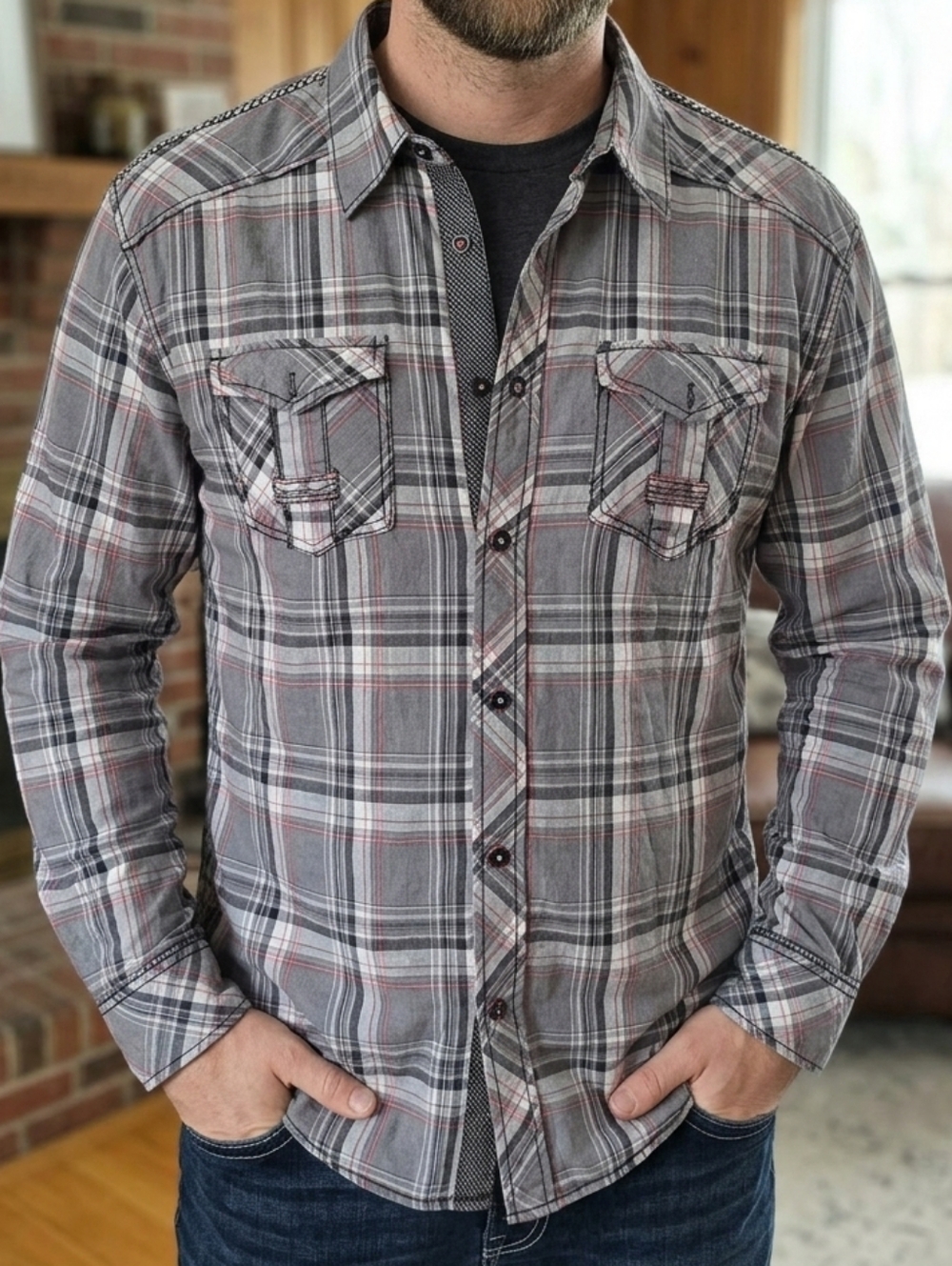 Buckle Men’s Gray Plaid Button-Down Shirt with Red Accents